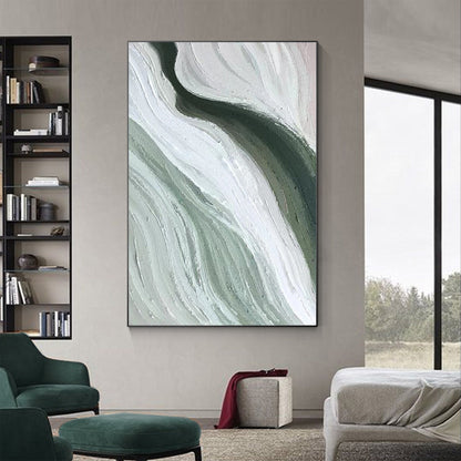 Abstract Ribbon Painting: Green White Texture Canvas Wall Art #2