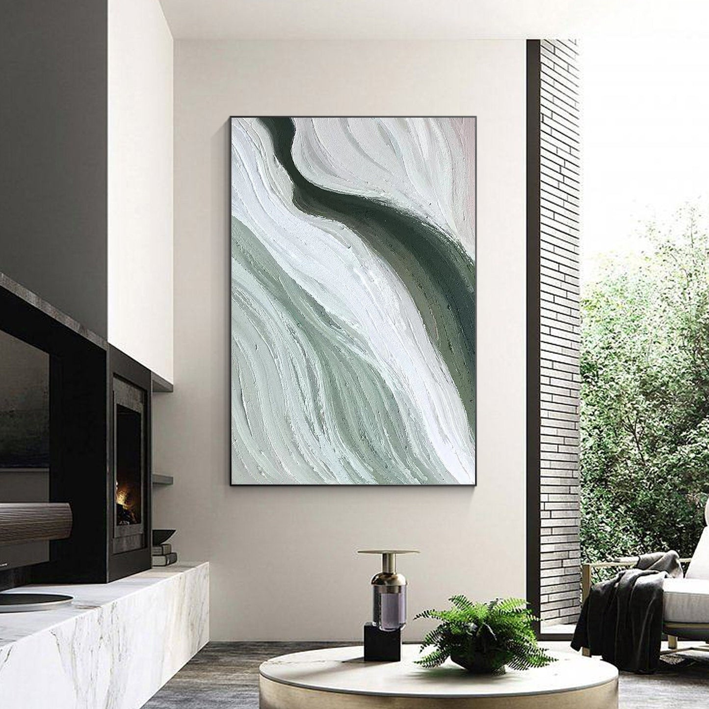 Abstract Ribbon Painting: Green White Texture Canvas Wall Art #3