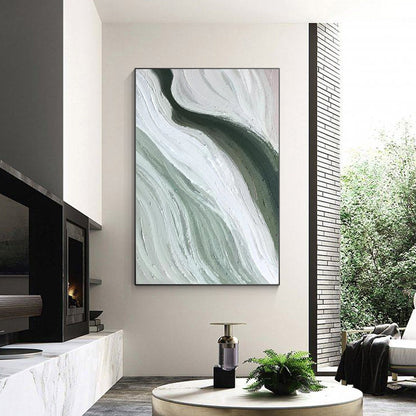Abstract Ribbon Painting: Green White Texture Canvas Wall Art #3