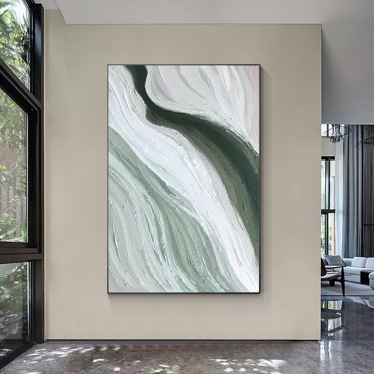 Abstract Ribbon Painting: Green White Texture Canvas Wall Art #4