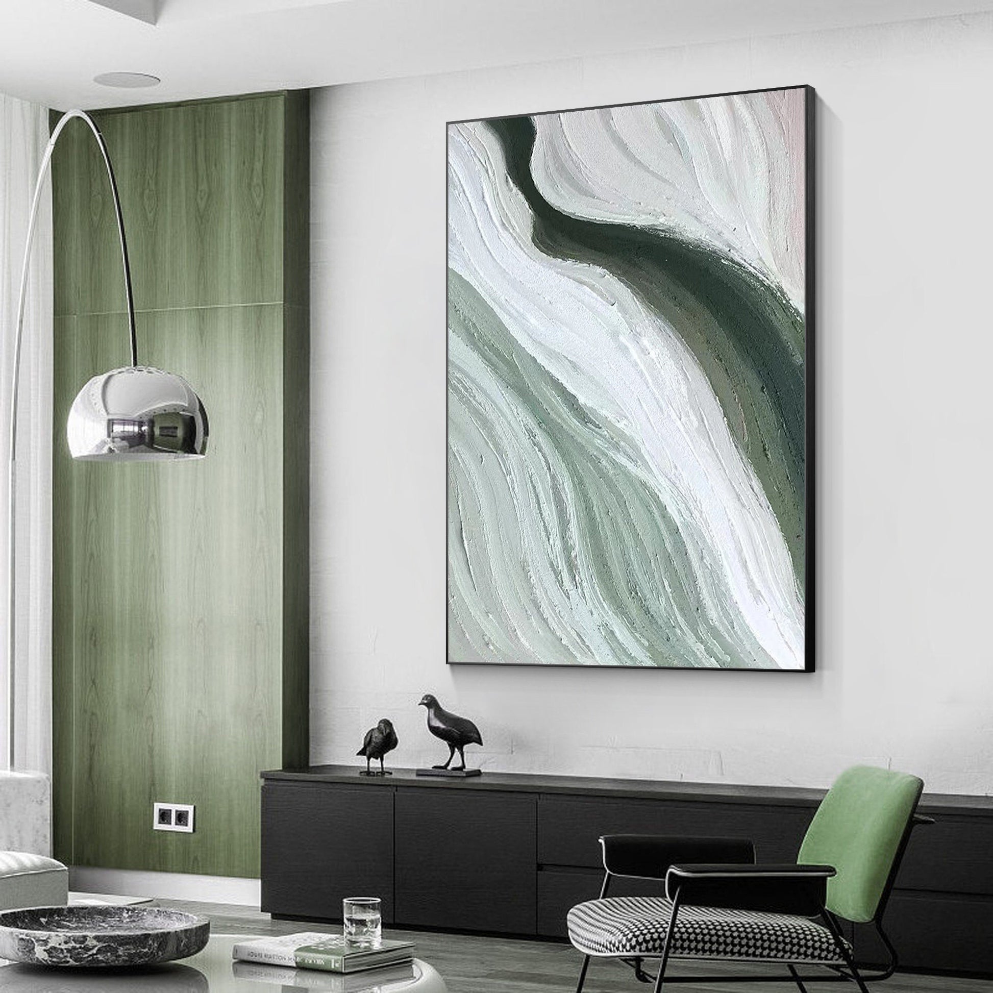 Abstract Ribbon Painting: Green White Texture Canvas Wall Art #5