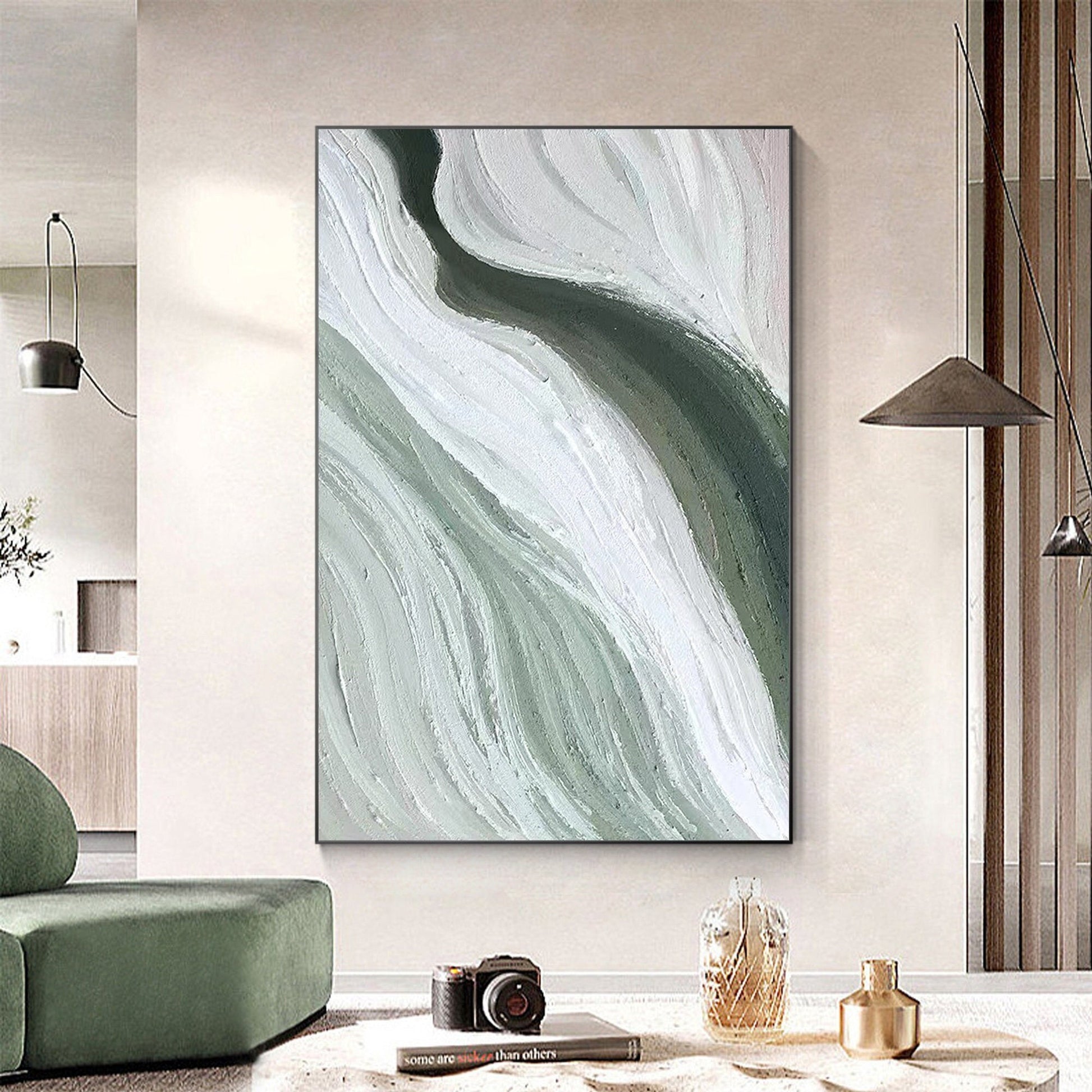 Abstract Ribbon Painting: Green White Texture Canvas Wall Art #1