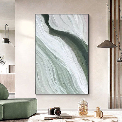 Abstract Ribbon Painting: Green White Texture Canvas Wall Art #1