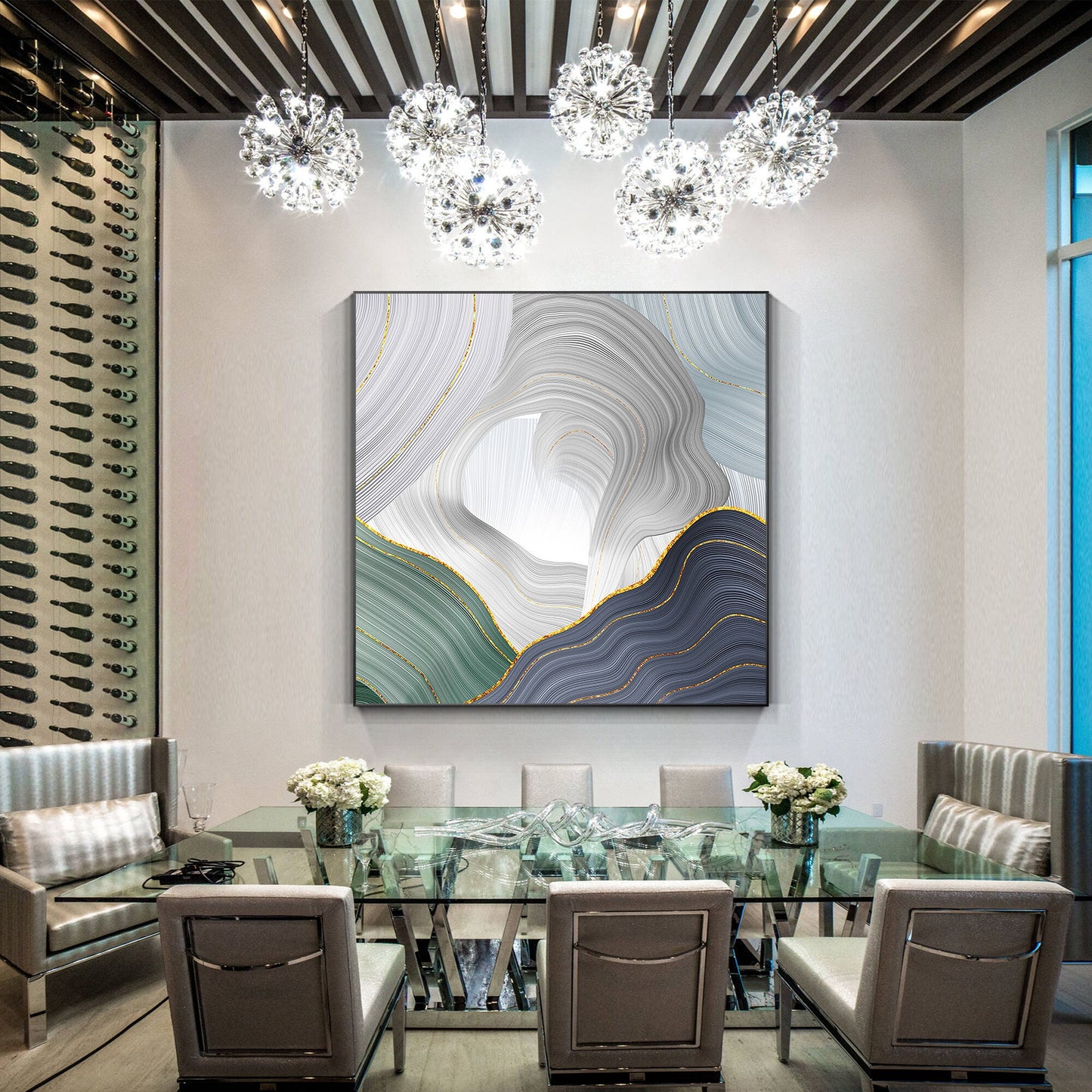 Abstract Ribbon Painting On Canvas: Green, Purple, Gold Luxury Wall Art #2
