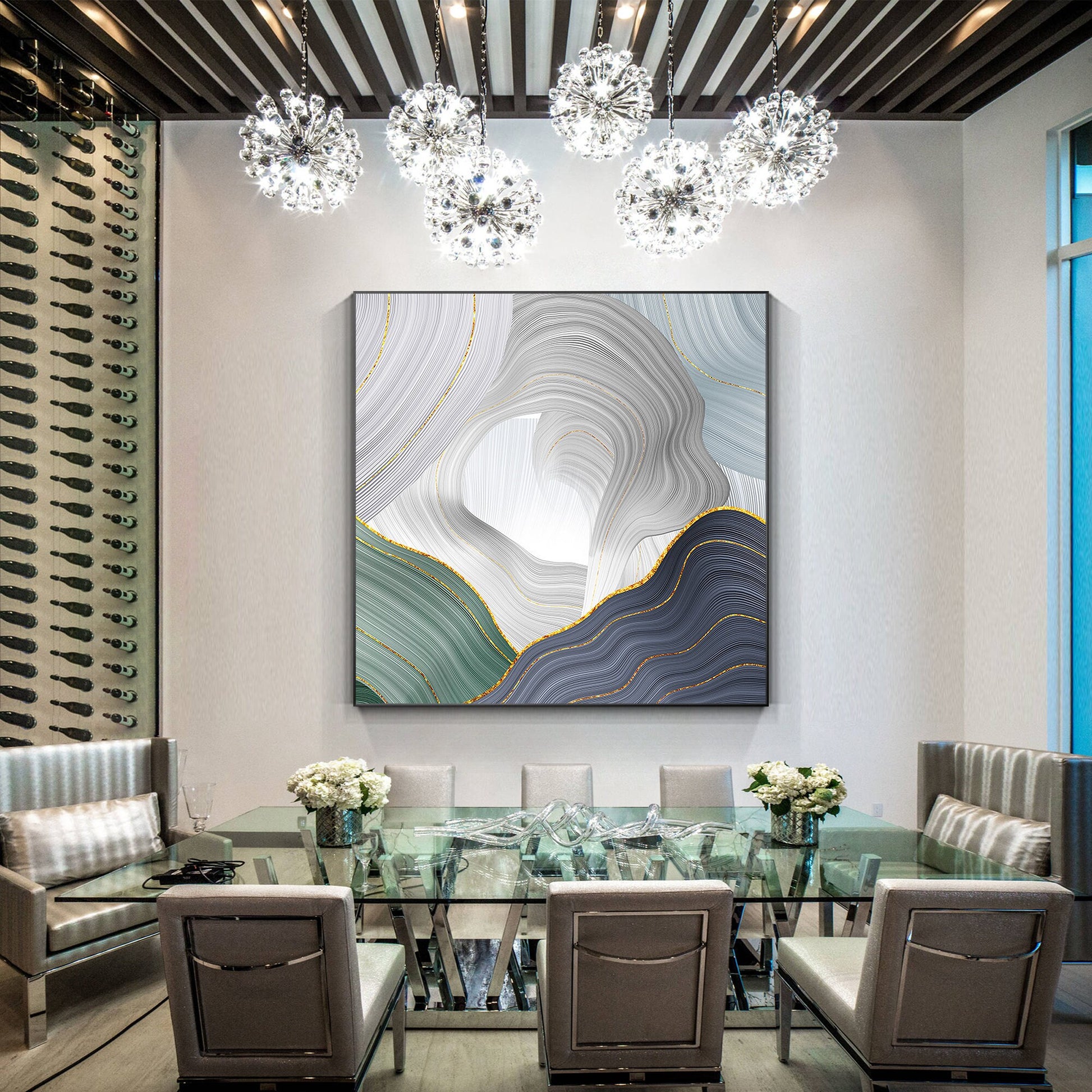Abstract Ribbon Painting On Canvas: Green, Purple, Gold Luxury Wall Art #2