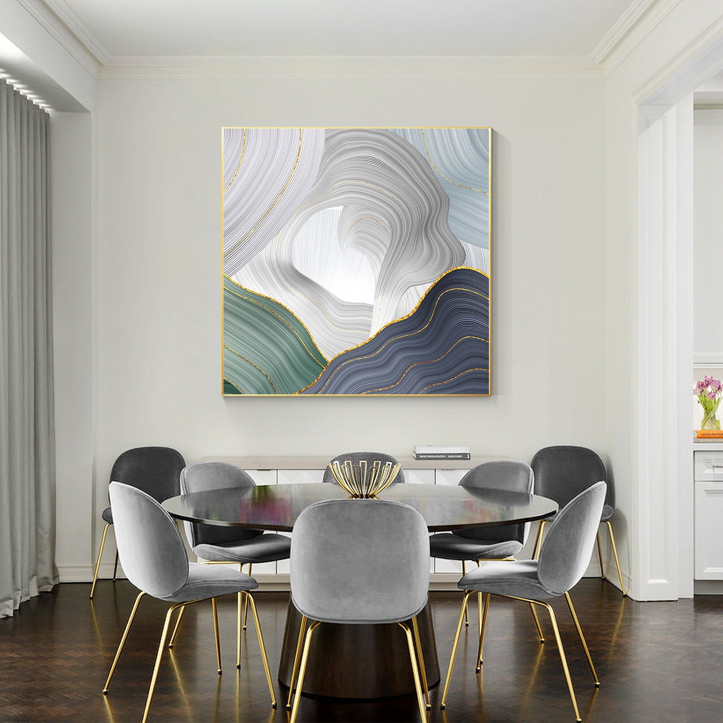 Abstract Ribbon Painting On Canvas: Green, Purple, Gold Luxury Wall Art #3