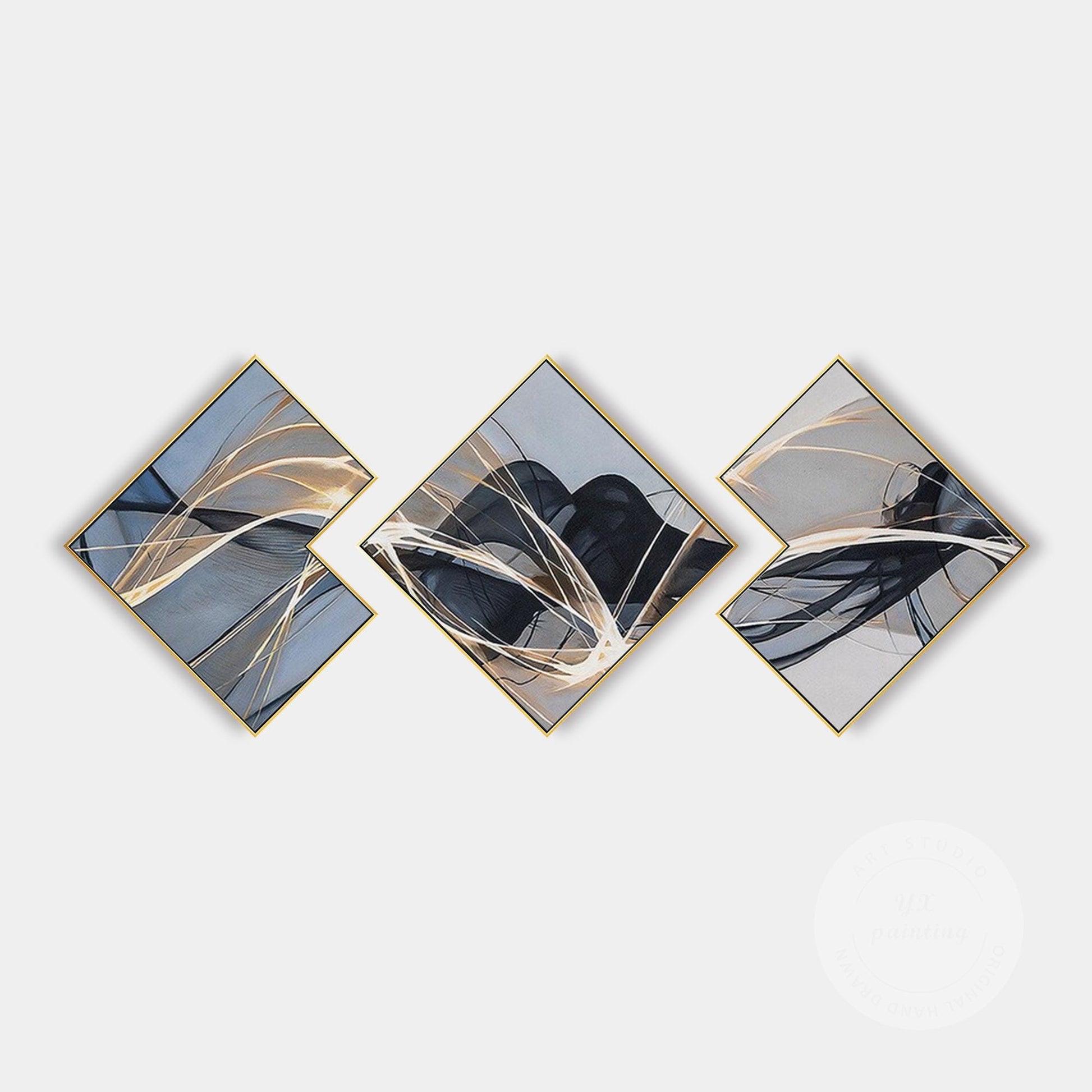 Abstract Ribbon Painting Set: Black, Gray, and Blue Wall Art #11