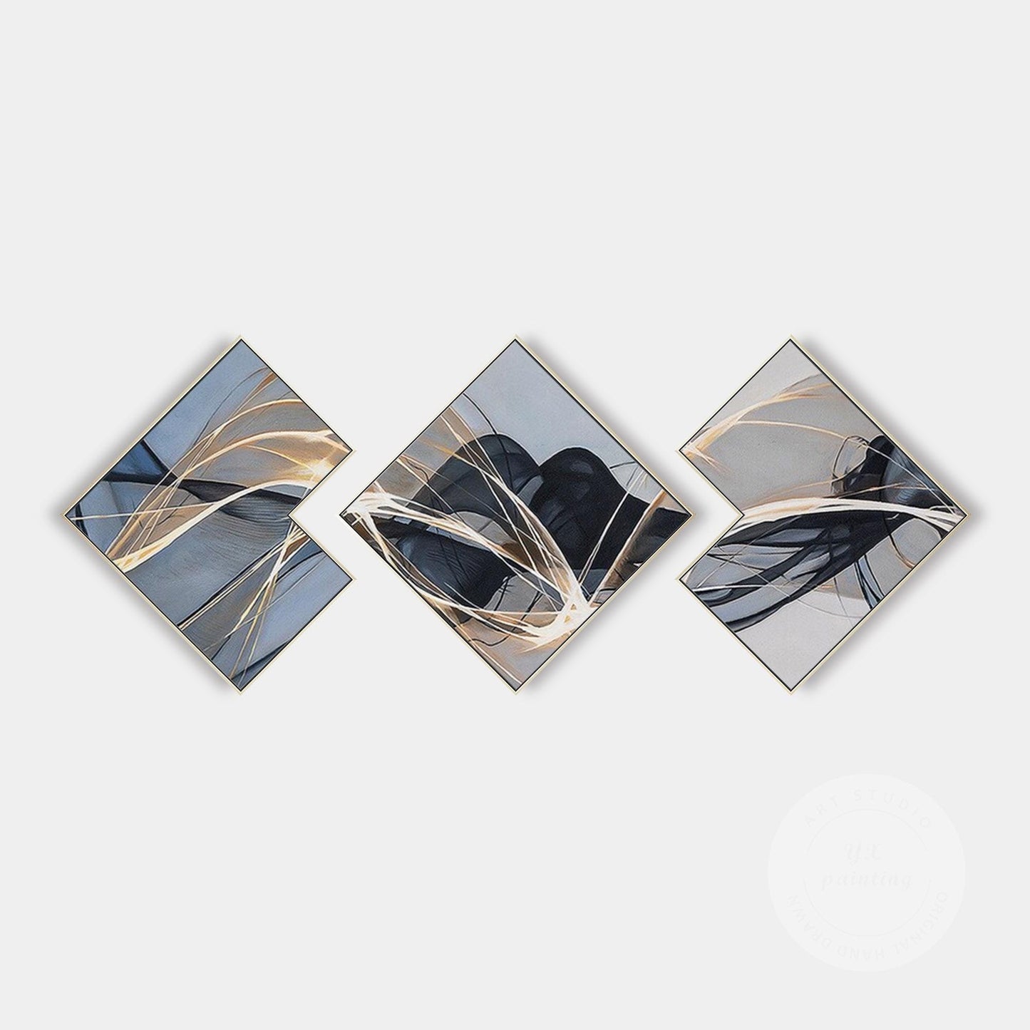 Abstract Ribbon Painting Set: Black, Gray, and Blue Wall Art #12