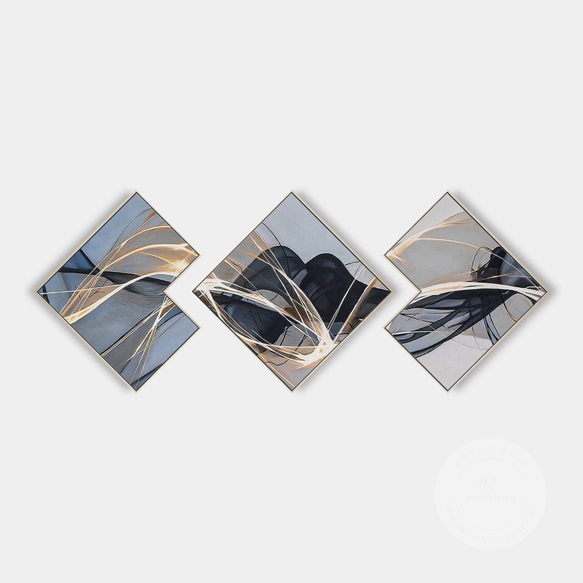 Abstract Ribbon Painting Set: Black, Gray, and Blue Wall Art #12