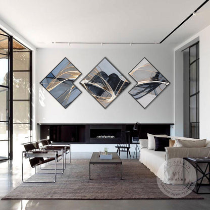 Abstract Ribbon Painting Set: Black, Gray, and Blue Wall Art #5