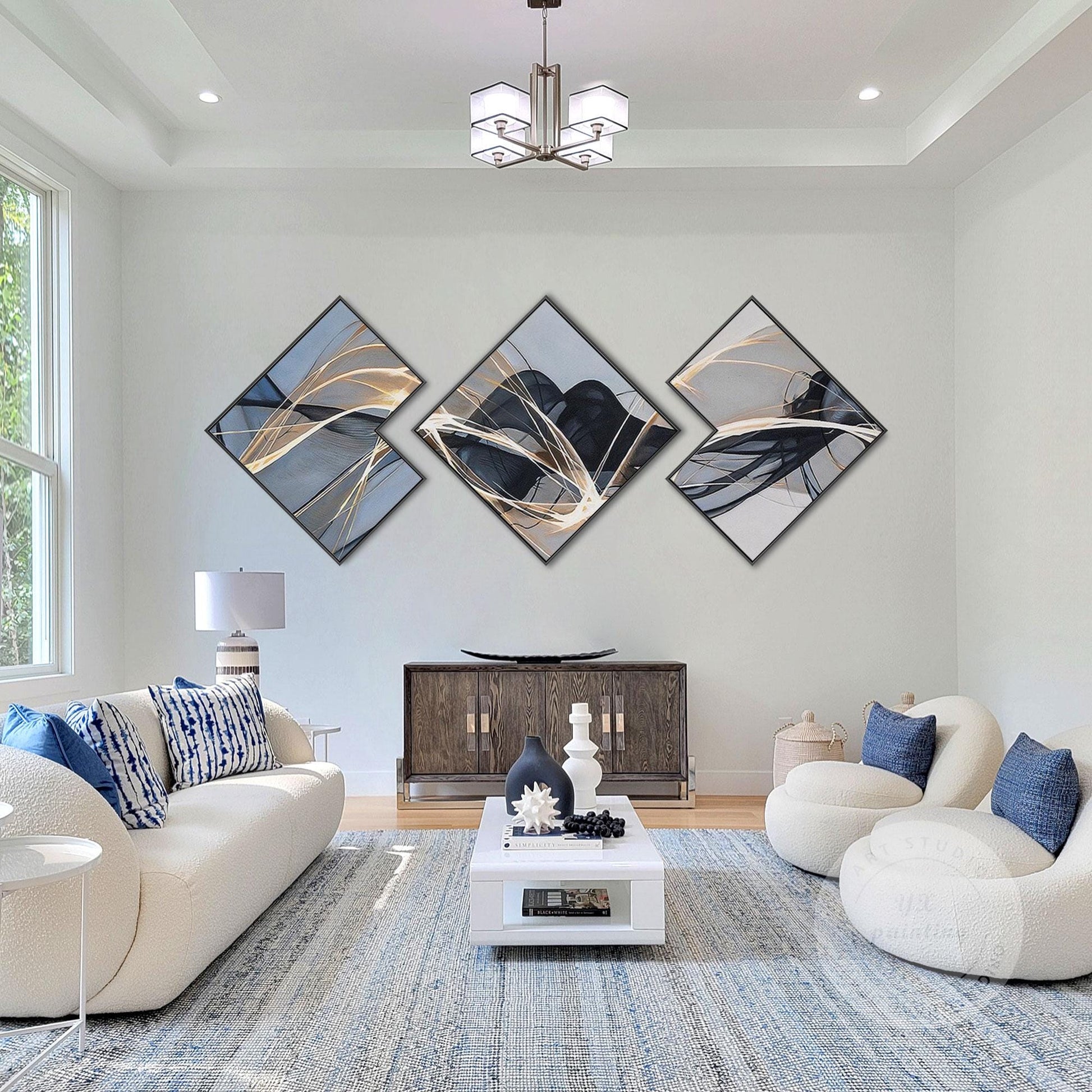 Abstract Ribbon Painting Set: Black, Gray, and Blue Wall Art #6
