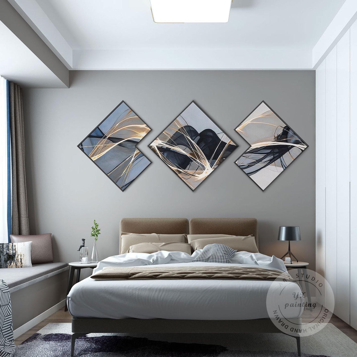 Abstract Ribbon Painting Set: Black, Gray, and Blue Wall Art #8