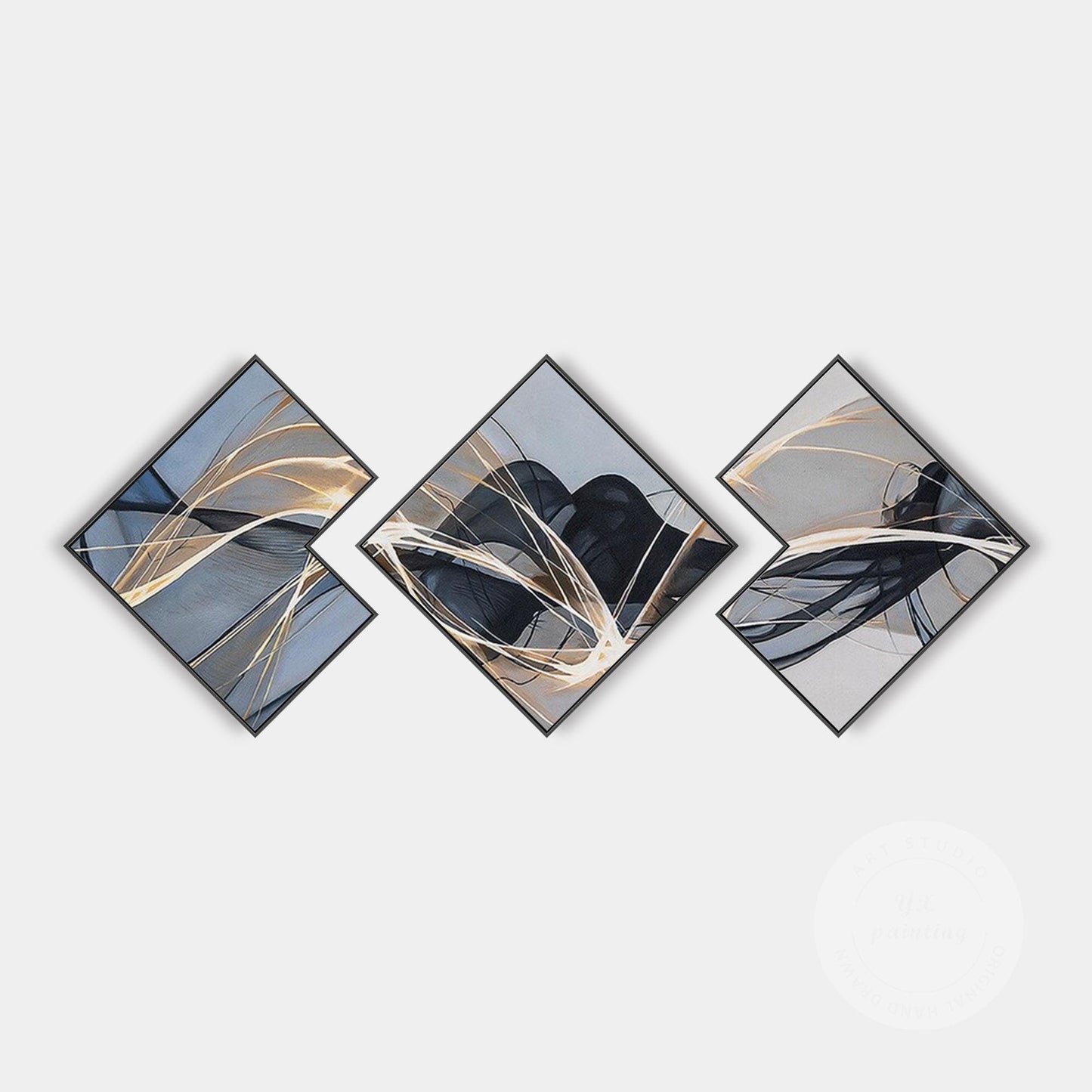 Abstract Ribbon Painting Set: Black, Gray, and Blue Wall Art #10