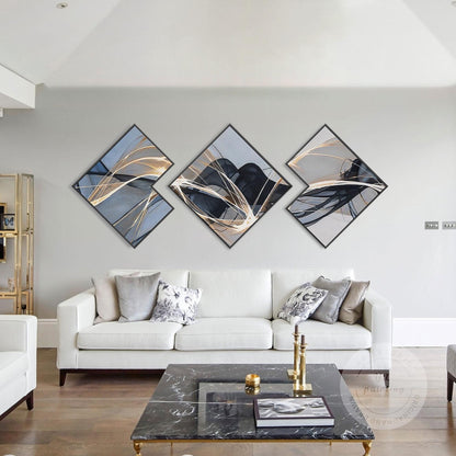 Abstract Ribbon Painting Set: Black, Gray, and Blue Wall Art #1