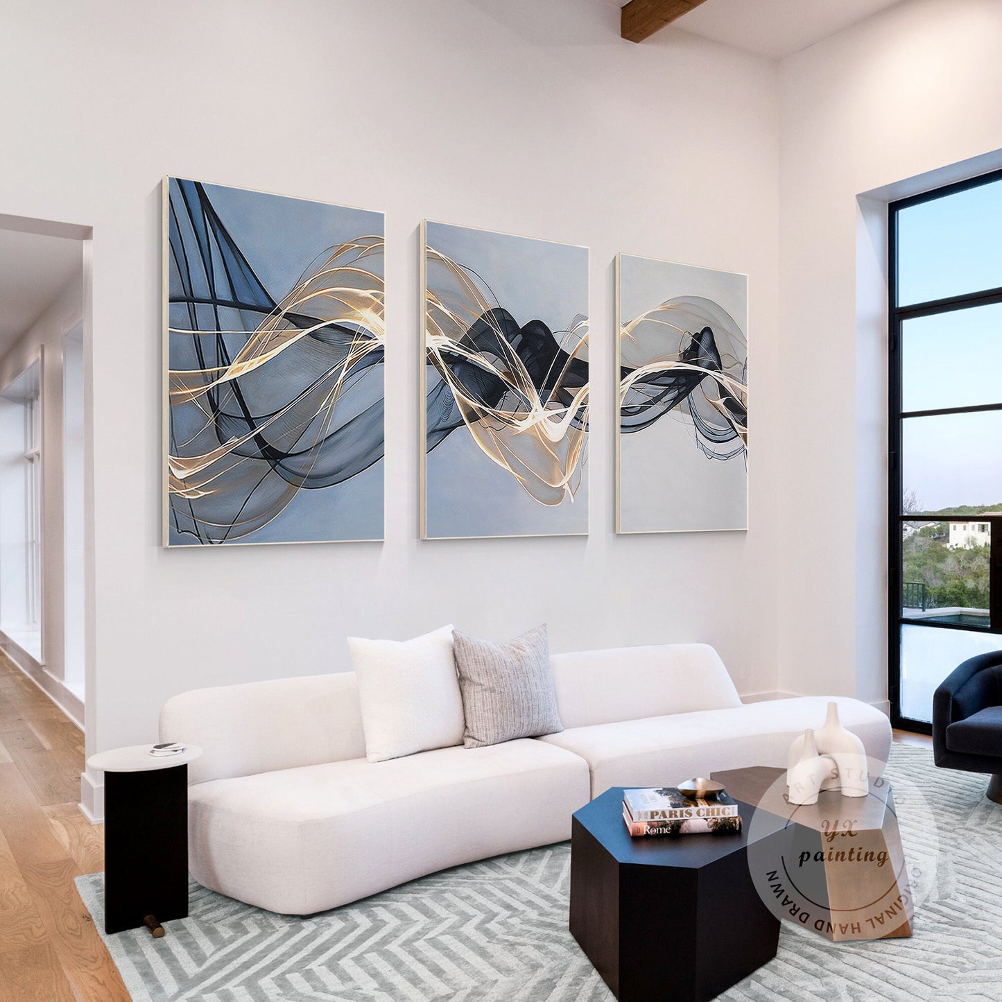 Abstract Ribbon Painting Set: Black, Gray & Blue Canvas Wall Art #2