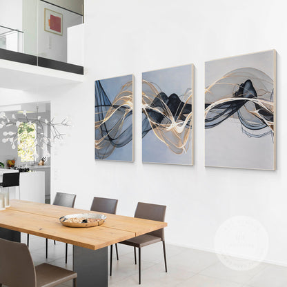 Abstract Ribbon Painting Set: Black, Gray & Blue Canvas Wall Art #3