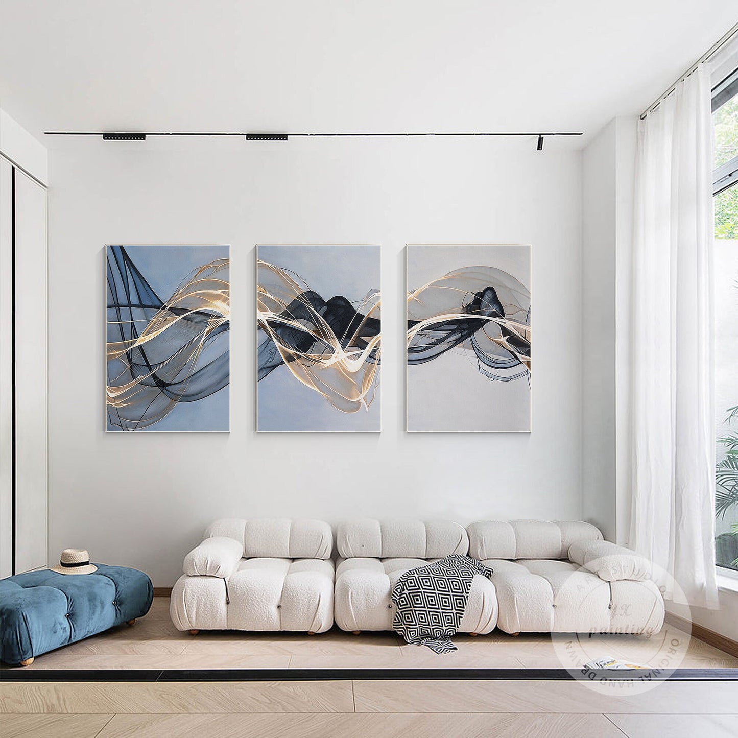 Abstract Ribbon Painting Set: Black, Gray & Blue Canvas Wall Art #4