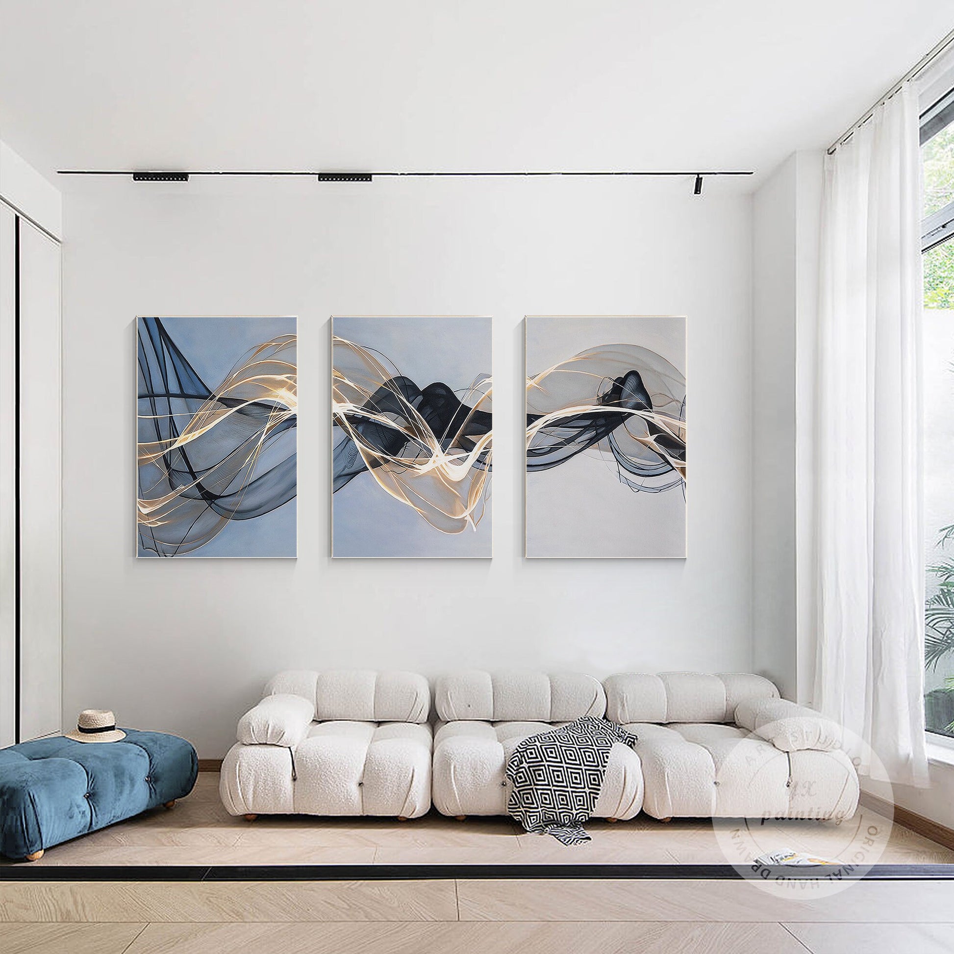 Abstract Ribbon Painting Set: Black, Gray & Blue Canvas Wall Art #4