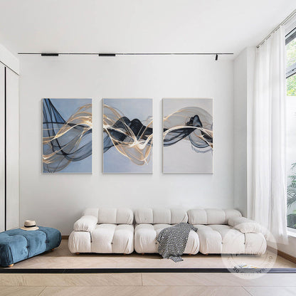 Abstract Ribbon Painting Set: Black, Gray & Blue Canvas Wall Art #4