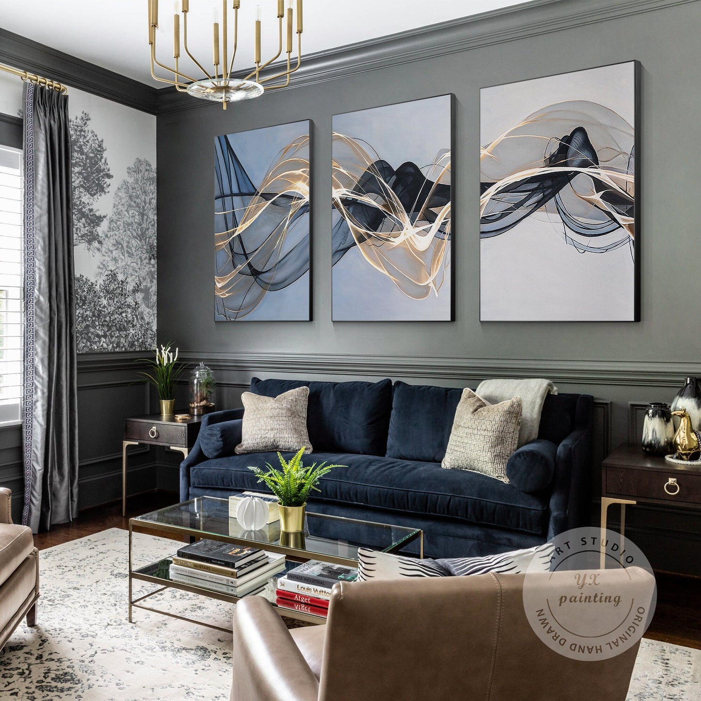 Abstract Ribbon Painting Set: Black, Gray & Blue Canvas Wall Art #5