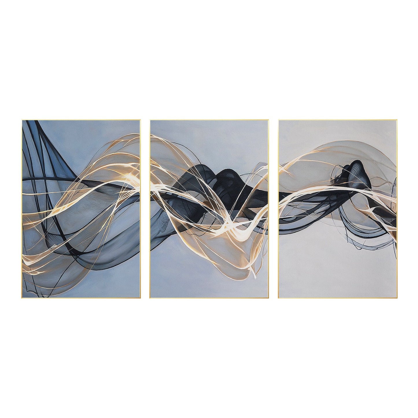 Abstract Ribbon Painting Set: Black, Gray & Blue Canvas Wall Art #8