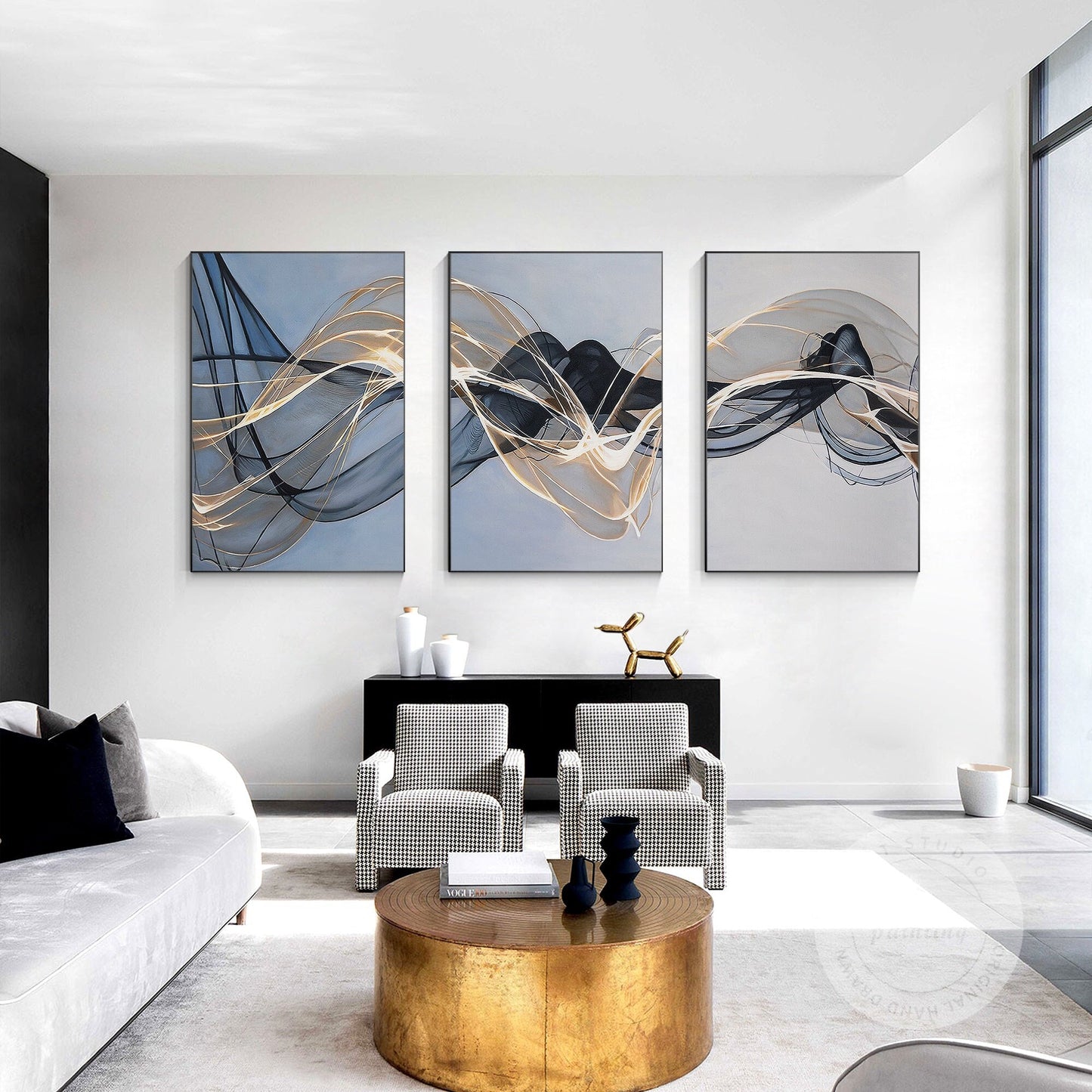 Abstract Ribbon Painting Set: Black, Gray & Blue Canvas Wall Art #1