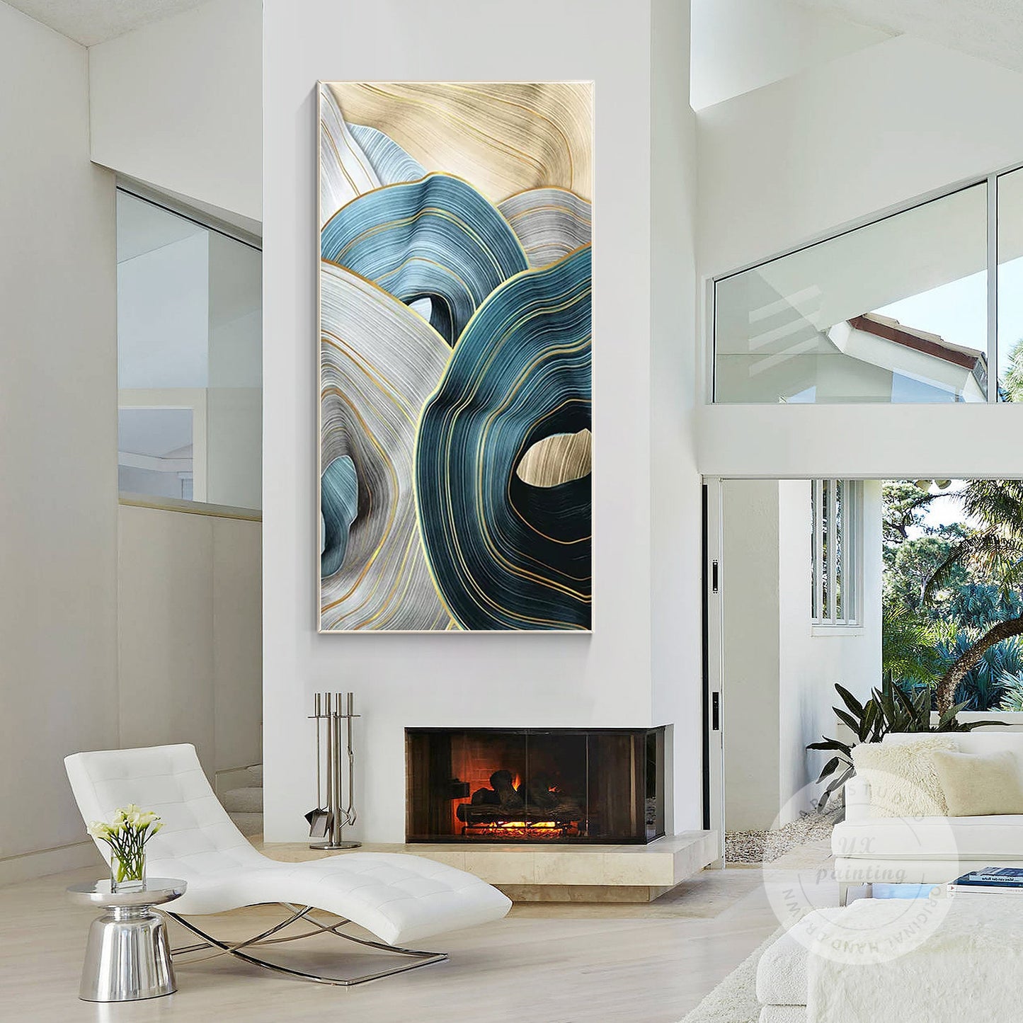Abstract Ribbon Painting: Turquoise Beige Canvas Wall Art #2