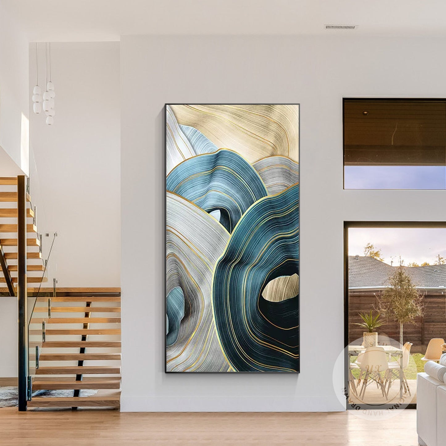 Abstract Ribbon Painting: Turquoise Beige Canvas Wall Art #3