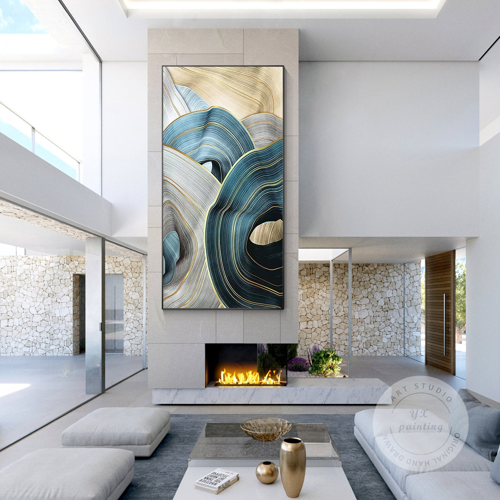 Abstract Ribbon Painting: Turquoise Beige Canvas Wall Art #4