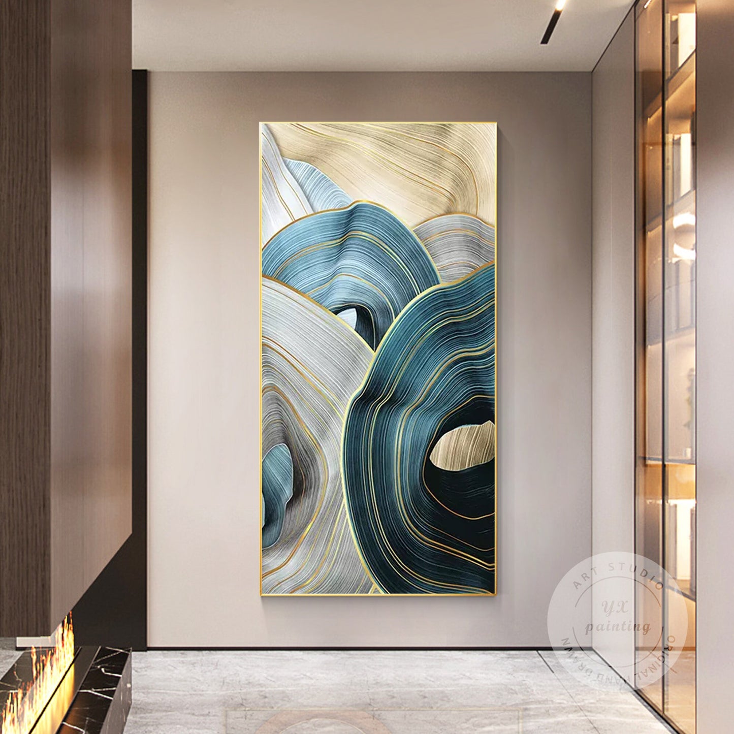 Abstract Ribbon Painting: Turquoise Beige Canvas Wall Art #5