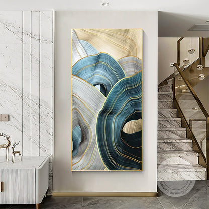Abstract Ribbon Painting: Turquoise Beige Canvas Wall Art #1