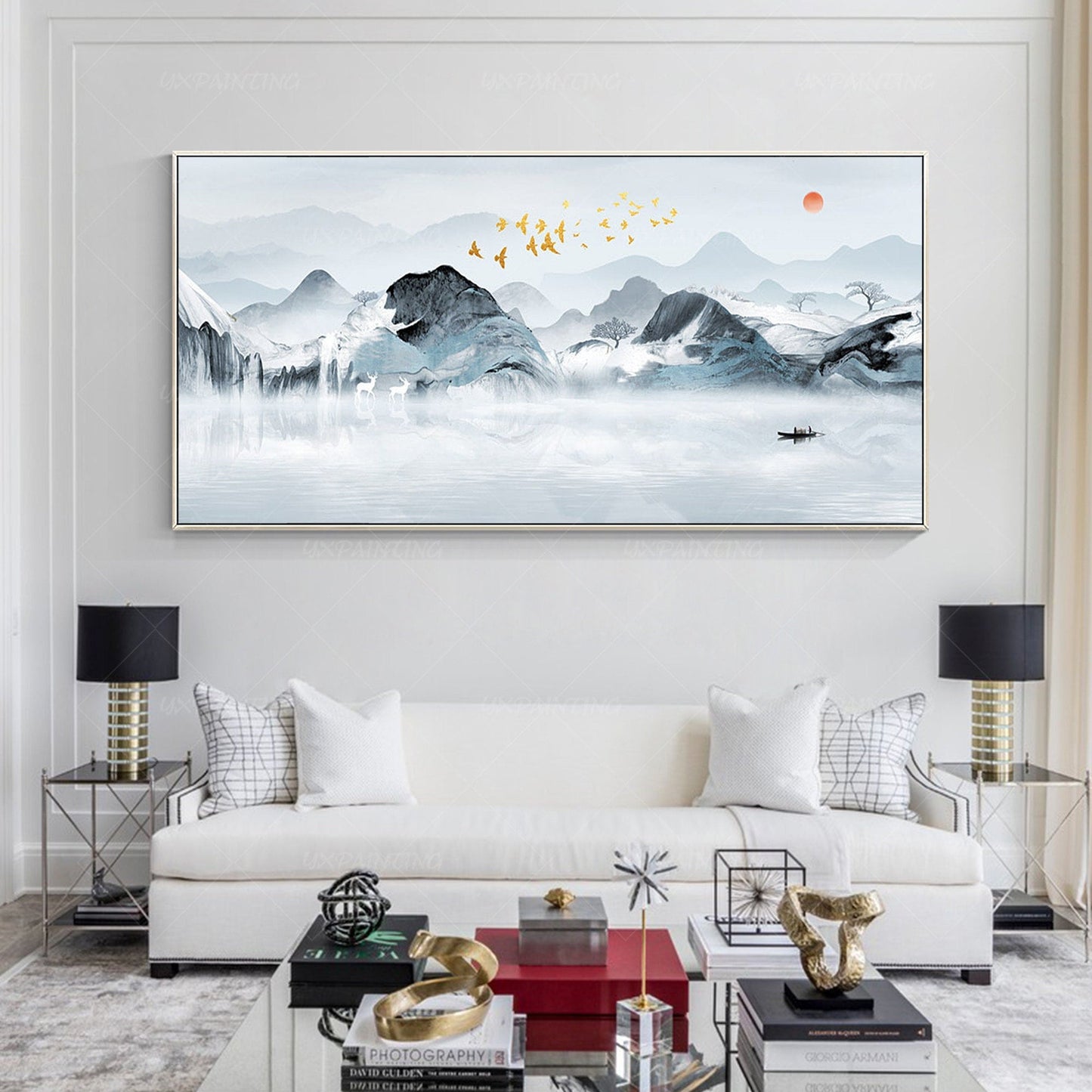Abstract schilderij berglandschap: zon, vogels, boot canvas muurkunst (digitale  #16