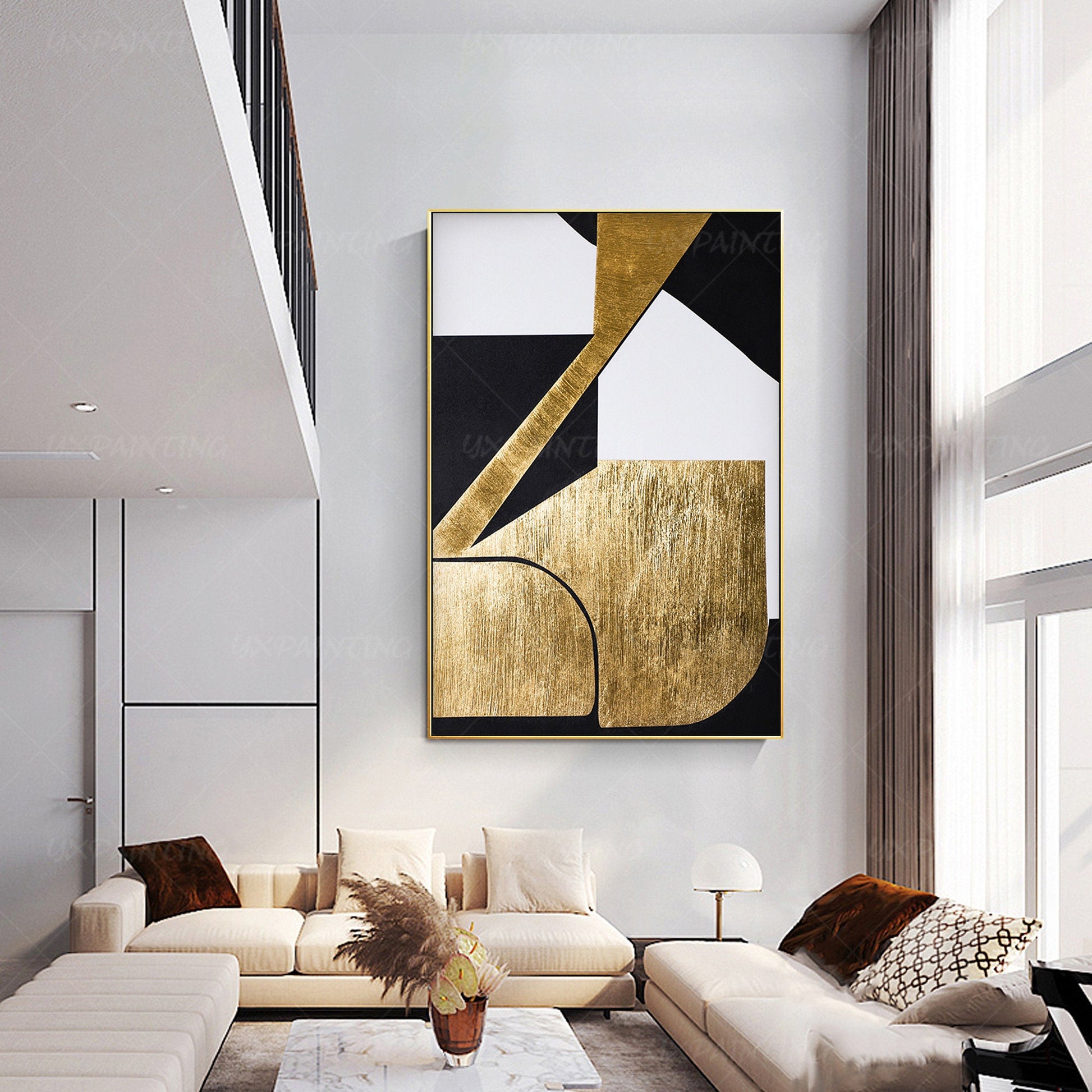 Abstract schilderij bladgoud: geometrisch zwart canvas muurdecoratie #12