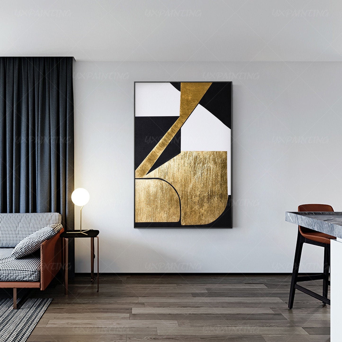 Abstract schilderij bladgoud: geometrisch zwart canvas muurdecoratie #4