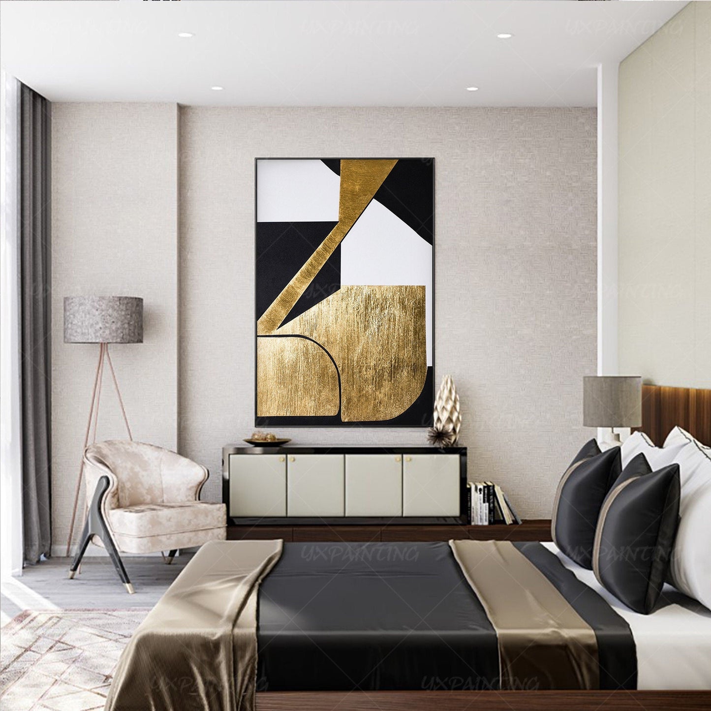 Abstract schilderij bladgoud: geometrisch zwart canvas muurdecoratie #1