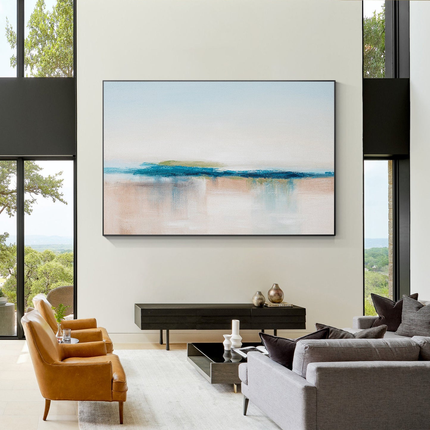 Abstract Seascape Painting: Blue Beige Textured Ocean Canvas Art #3