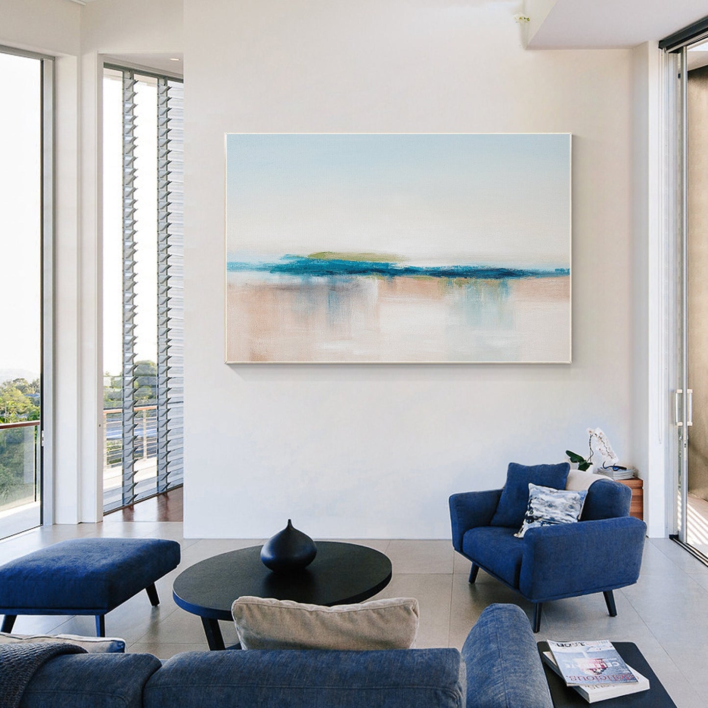 Abstract Seascape Painting: Blue Beige Textured Ocean Canvas Art #1