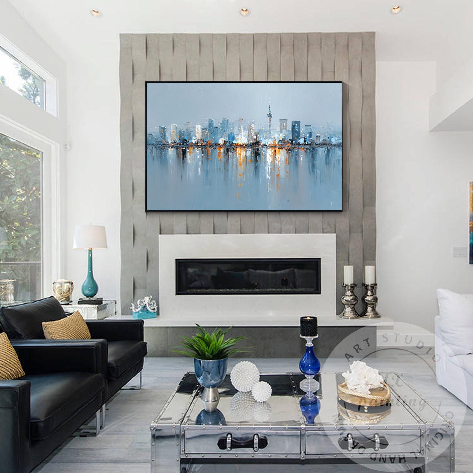 Abstract Seoul Cityscape Painting, Textured Skyline Wall Art, Handmade Modern Ca #3