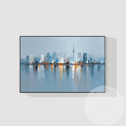 Abstract Seoul Cityscape Painting, Textured Skyline Wall Art, Handmade Modern Ca #7