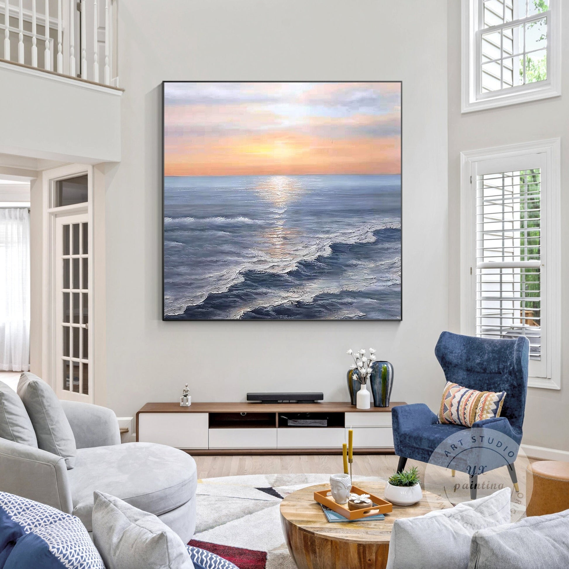 Abstract Sunrise Seascape Painting: Textured Coastal Wall Art #1