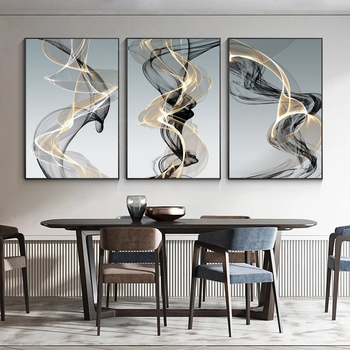 Abstract Swirls Canvas Print Set: Gold & Black Modern Wall Art #3