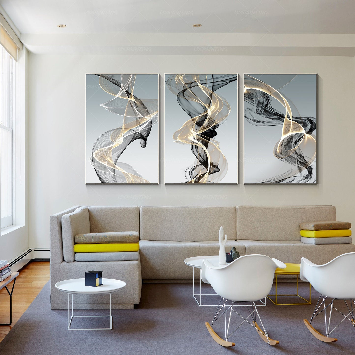 Abstract Swirls Canvas Print Set: Gold & Black Modern Wall Art #4