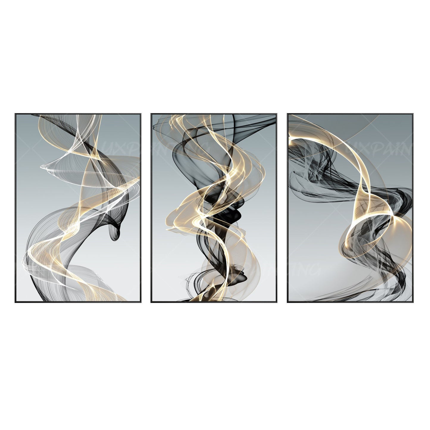 Abstract Swirls Canvas Print Set: Gold & Black Modern Wall Art #8