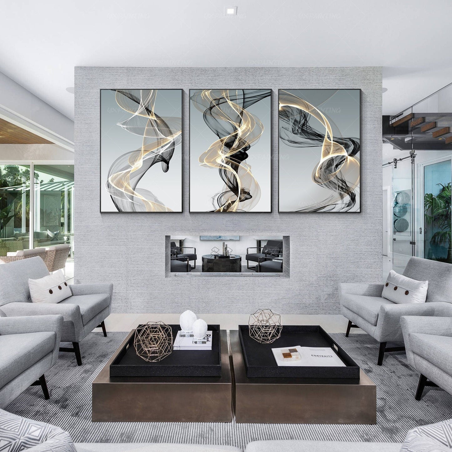 Abstract Swirls Canvas Print Set: Gold & Black Modern Wall Art #1