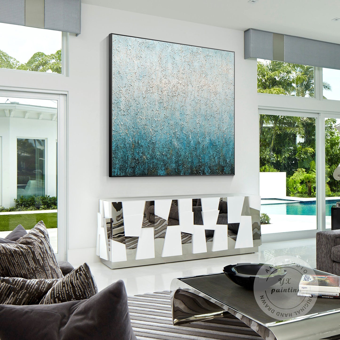 Abstract Teal Texture Painting: Nordic Framed Canvas Wall Art #3