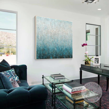 Abstract Teal Texture Painting: Nordic Framed Canvas Wall Art #4