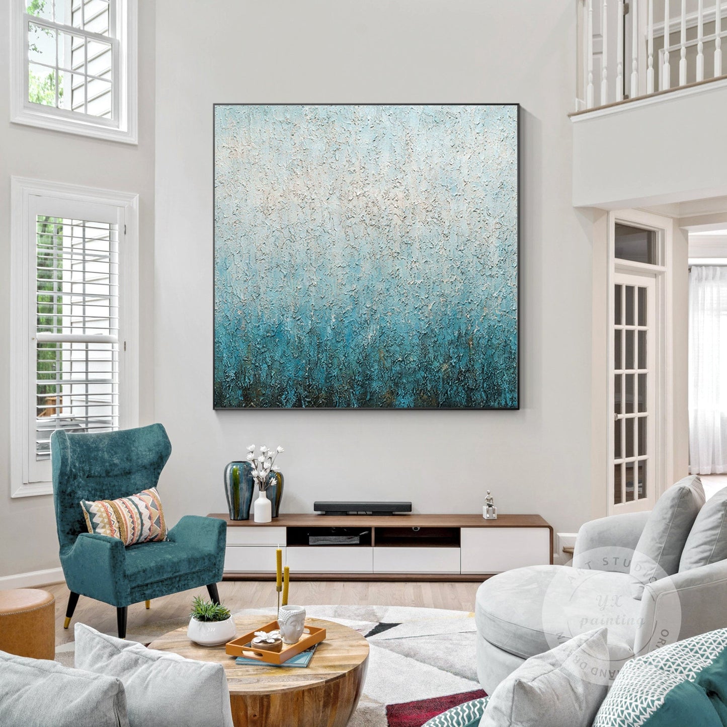 Abstract Teal Texture Painting: Nordic Framed Canvas Wall Art #1