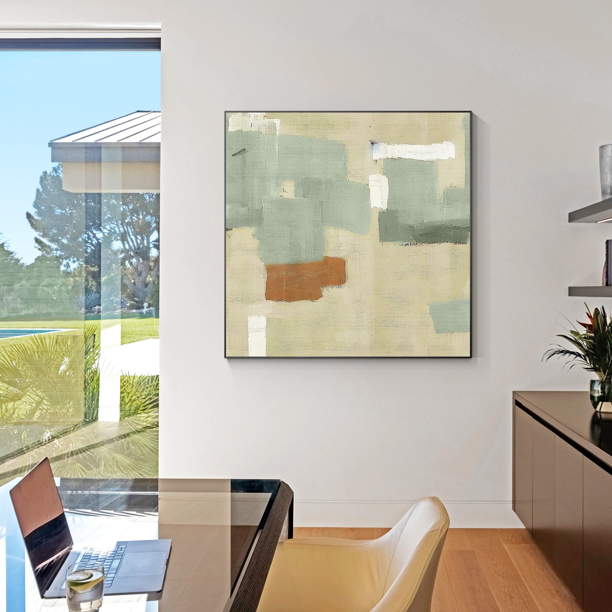 Abstract Textured Painting: Beige, Green & Brown Square Canvas Art #3