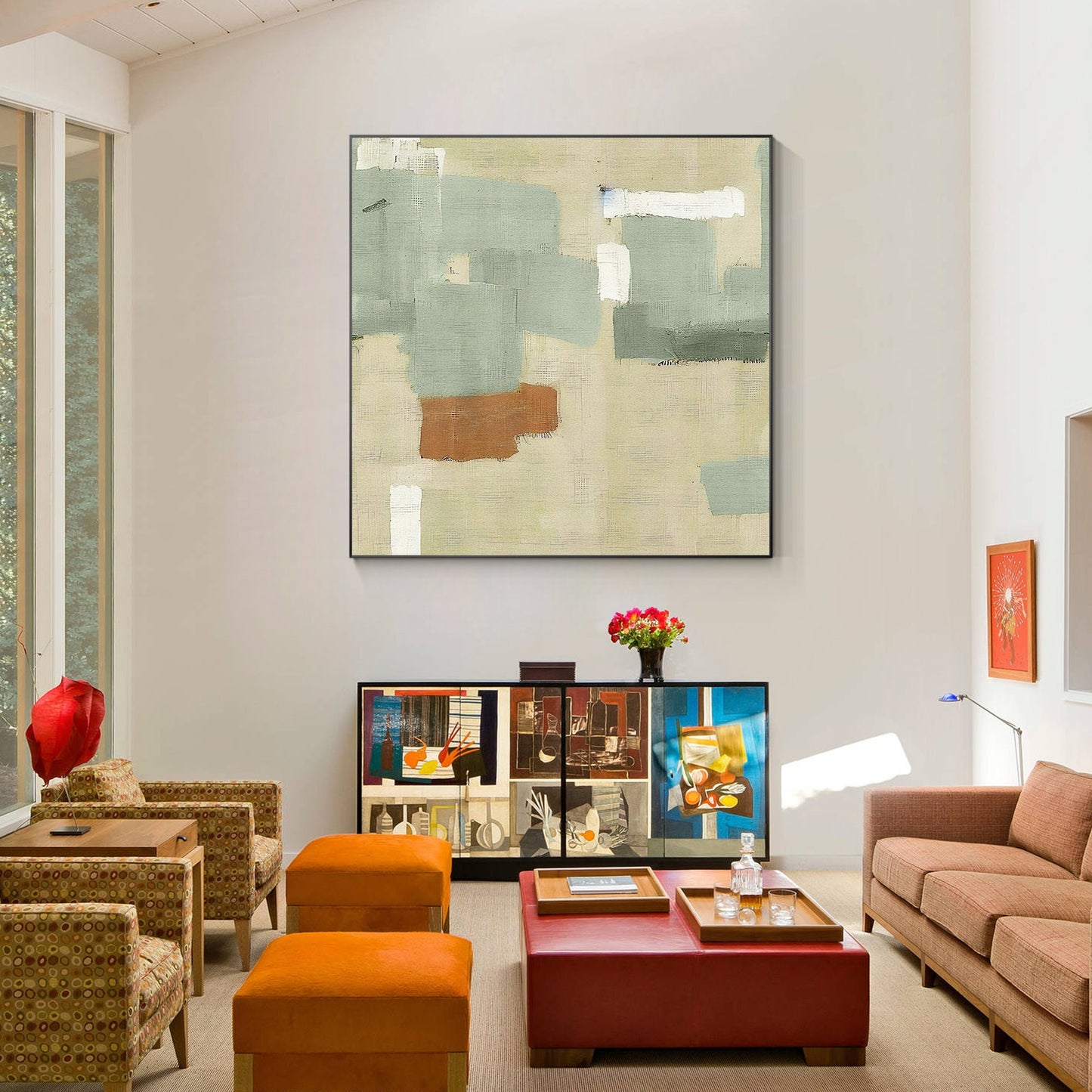 Abstract Textured Painting: Beige, Green & Brown Square Canvas Art #5
