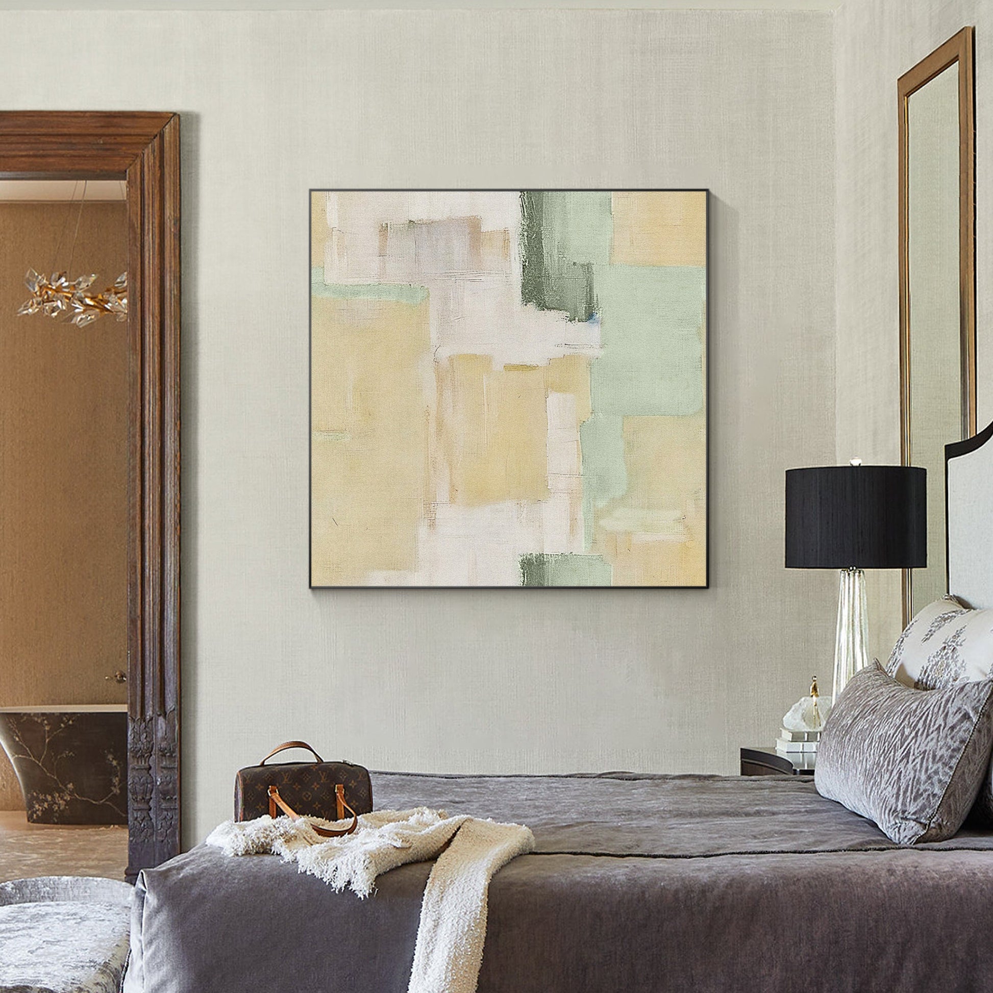 Abstract Textured Painting Beige Green Original Painting On Canvas, Square Wall  #2